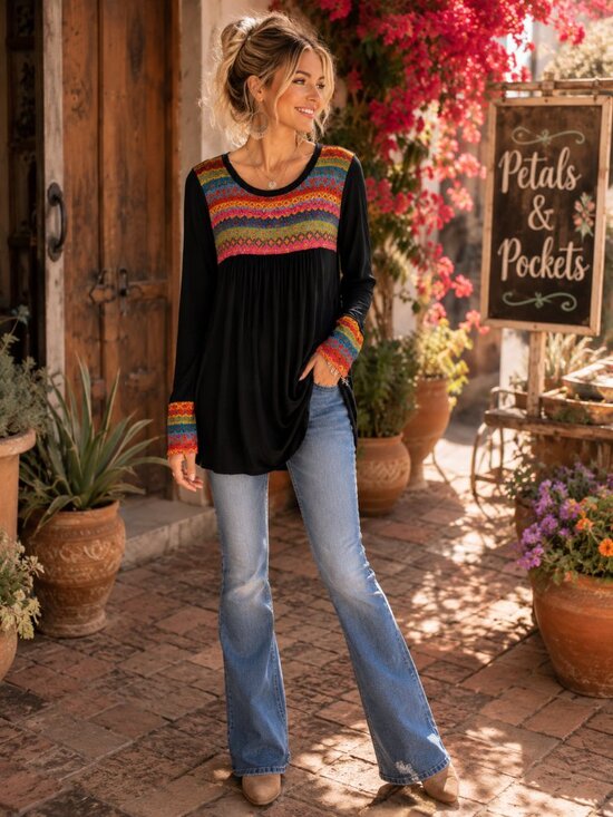 Sun n Moon Tops - Sun n Moon Boho Embroidered Tunic Top Black Multicolor Size M